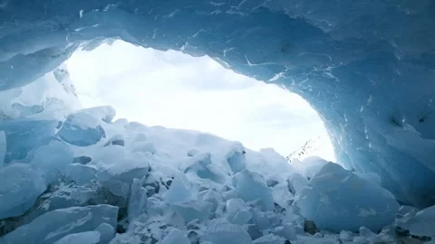 Looking Out From Inside Blue Ice Cave at Morteratsch Glacier in Switzerland 스톡 동영상 347806746