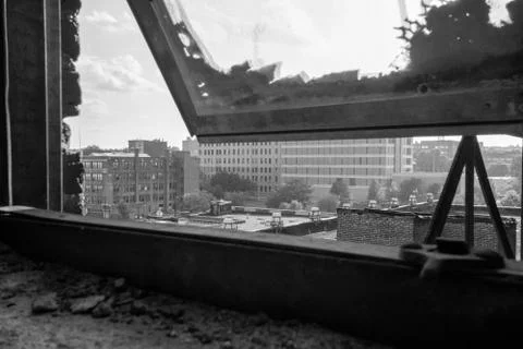 Looking Out an Old Dirty Window at a City Skyline in Newark New Jersey Stock Photos