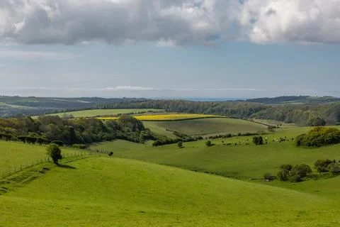 Looking out over fields viewed from Ditchling Beacon, along the South Downs W Stock Photos