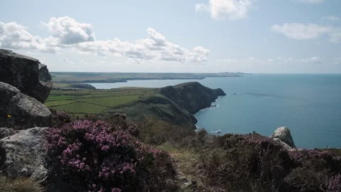 Looking out over Penbwchdy from Garn Fawr Fishguard Pembrokeshire Wales Stock Footage 114361044