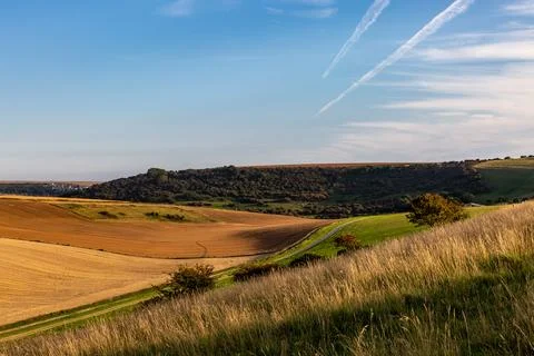 Looking out over South Downs farmland on a sunny September evening Fotos Stock