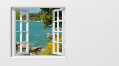 Looking out through the window at the sea in summer Video stock 67736761