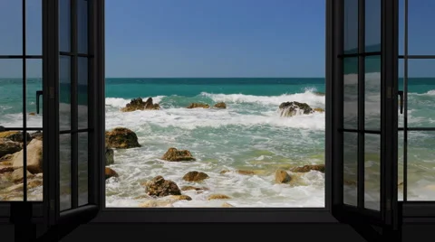 Looking out through the window at the sea in summer Video stock 67948365