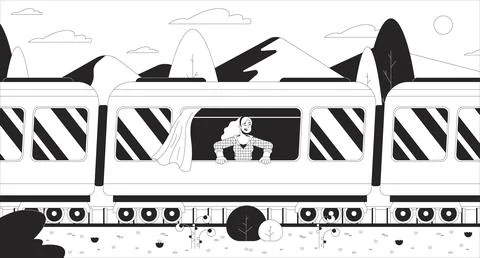 Looking out of train window black and white line illustration 스톡 일러스트