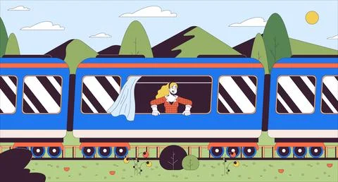Looking out of train window cartoon flat illustration Stock Illustration