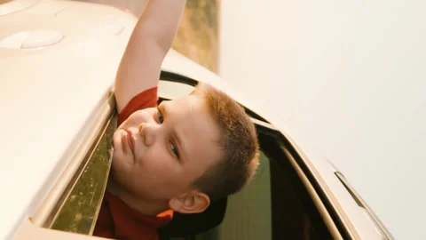Looking out window, dreamy child smile, summer time, back seat car, boy driving Stock Footage 272445909