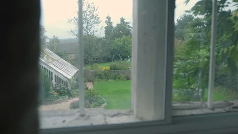 Looking out a window to a garden below Stock Footage 124821806
