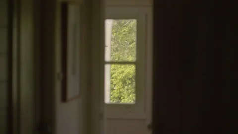 Looking out of window from inside old dark house Video stock 119351301