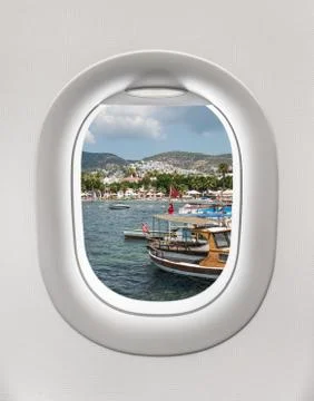Looking out the window of a plane to the harbor in Bodrum, Turkey Stock-Fotos