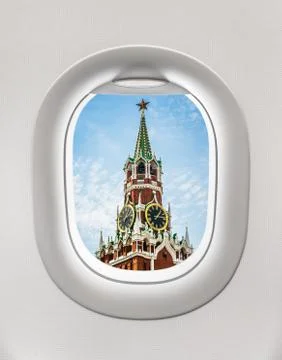 Looking out the window of a plane to the Kremlin tower in Moscow, Russia Stock Photos