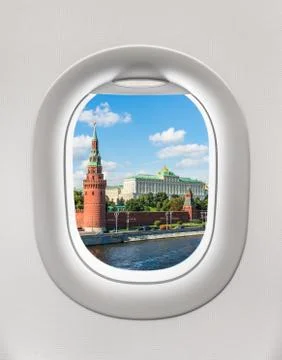 Looking out the window of a plane to the Kremlin in Moscow, Russia Stock Photos