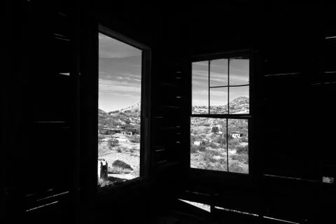 Looking out of windows on the ghost town of Ruby, Arizona Stock Photos