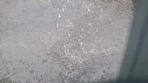 Looking outside a window to the backyard while a heavy storm brings hail Stock Footage 305601593