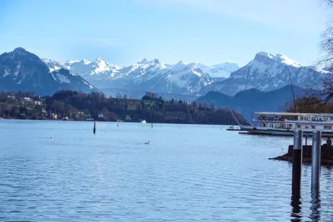 Looking over fields, farms and Lake Lucerne in Switzerland Stock Photos