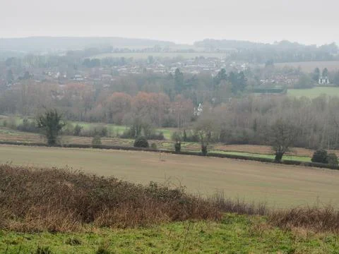 Looking over fields to the tranquil village of Ramsbury, Wiltshire Stock Photos