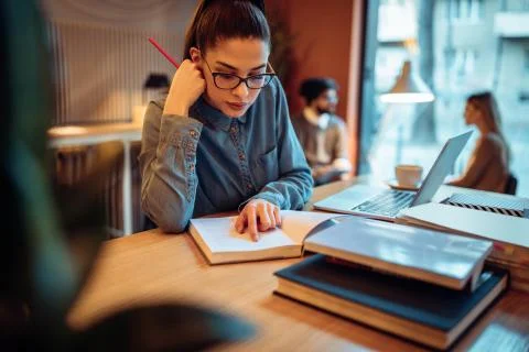 Looking over her study material Stock Photos