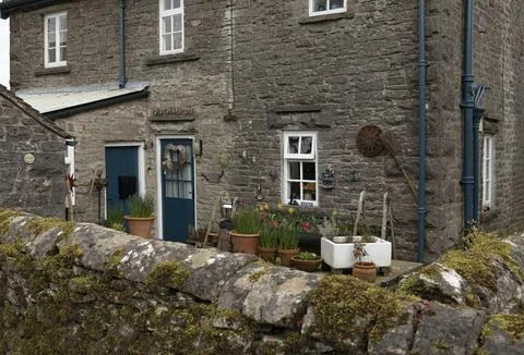 Looking over a moss coloured wall at a rear garden Stock Photos