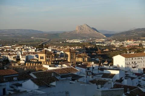 Looking over the town of Antequera towards Pena de los Enamorados or Lovers R Stock Photos