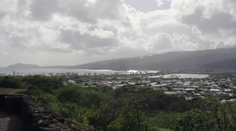 Looking over town on the East side of Oahu from a scenic overlook Stock Footage 49910691