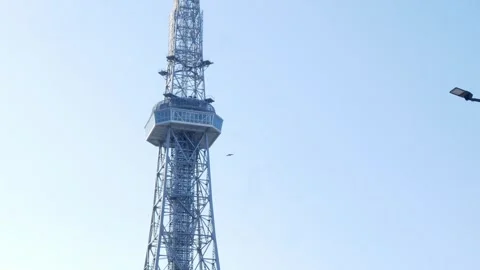 Looking up panning down top of television futuristic broadcast Nagoya Tower.. Stock Footage 297450366