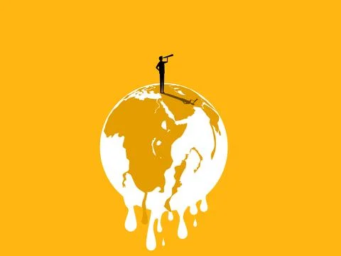 Looking at the problem of global warming. Businessman holding binoculars lo.. 스톡 일러스트