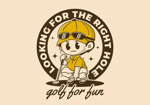 Looking for the right hole. Character illustration of a guy holding a golf .. Stock Illustration