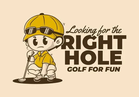 Looking for the right hole. Character illustration of a guy holding a golf .. Stock Illustration