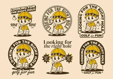 Looking for the right hole. Character illustration of a guy holding a golf .. Stock Illustration