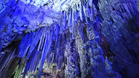 Looking up at rock formations in St. Michael's cave in Gibraltar Stock Footage 101336977