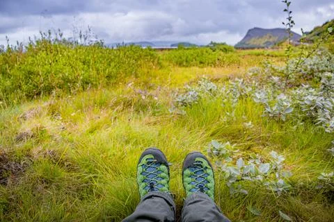 Looking at the rough nature in wild, while hiking in Iceland, summer, scenic  Stock Photos