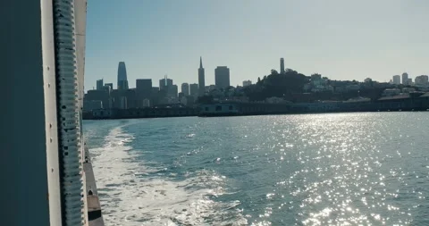 Looking at San Francisco while ridding away on a boat Stock Footage 284963266