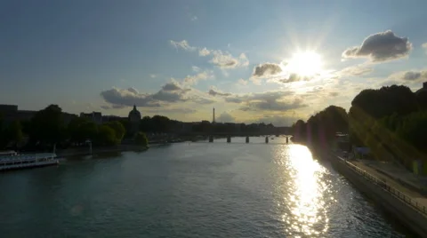Looking up the Seine River at sunset - Paris France Stock Footage 54023973