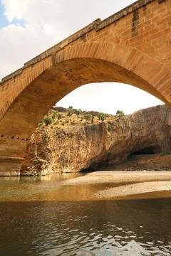 Looking up to the Severan, Cendere Bridge from below, roman bridge close to A Stock Photos