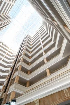 Looking up to sky from inside modern concrete building, Abstract layer of arc Stock Photos