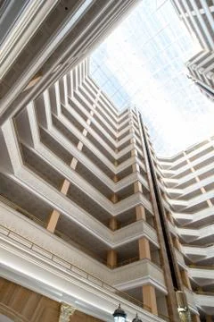 Looking up to sky from inside modern concrete building, Abstract layer of arc Stock Photos