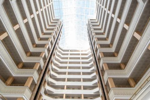Looking up to sky from inside modern concrete building, Abstract layer of arc Stock Photos
