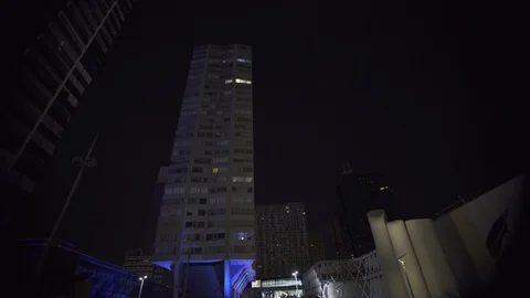 Looking up Skyscraper Modern building Blue architecture at night with light Stock Footage 119365267