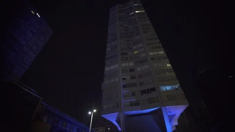 Looking up Skyscraper Modern building Blue architecture at night with light Stock Footage 119365532