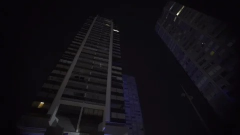 Looking up Skyscraper Modern building Blue architecture at night with light Stock-Footage 119365730