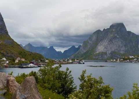 Looking at a small town in a valley Stock-Fotos