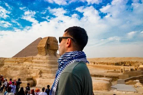 Looking at sphinx in Giza. Cairo, Egypt Stock Photos