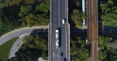 Looking Straight Down. Bridge Intersection. Revealing Bridge And City Stock Footage 93345344