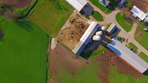 Looking straight down on farms, fields, creek, rural landscape, aerial view Stock Footage