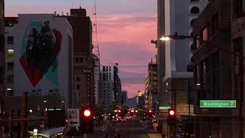 Looking at Sunset through the City Stock Footage 116589005
