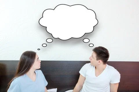 Looking up at thinking speech bubble, comic cloud Stock Photos