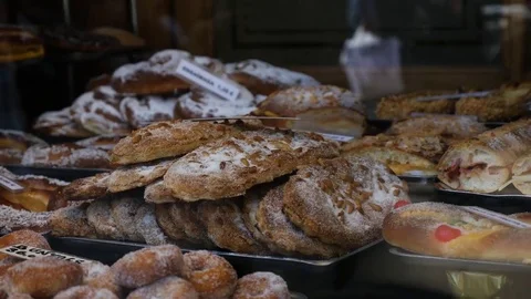 Looking through a bakery window Stock Footage 75689477