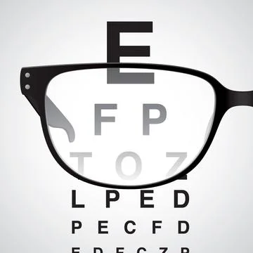 Looking through black glasses at an eye test chart, realistic vector Illustrazione stock