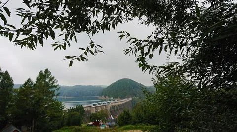 Looking through the branches of a large reservoir dam Stock Photos