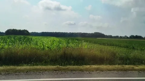 Looking through the car window. Car side window view driving around a flat lands Stock Footage 157477619
