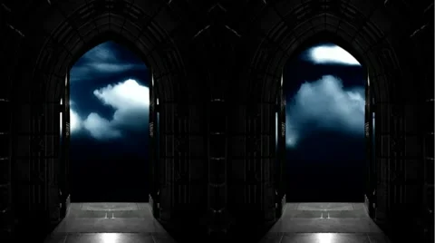 Looking through Church doors at spooky timelapse clouds Stock Footage 10608403